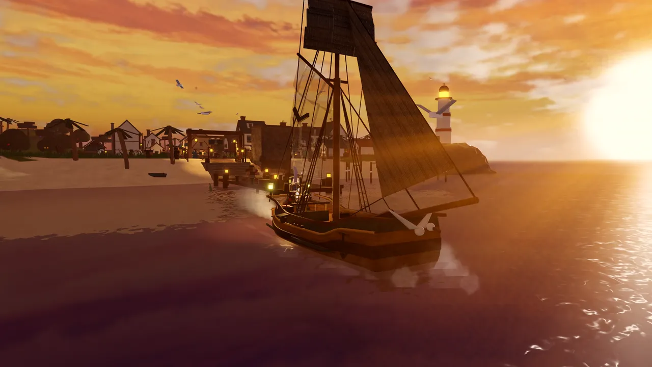 A sloop sails past Anchorfall's lighthouse at sunset, an in-game capture