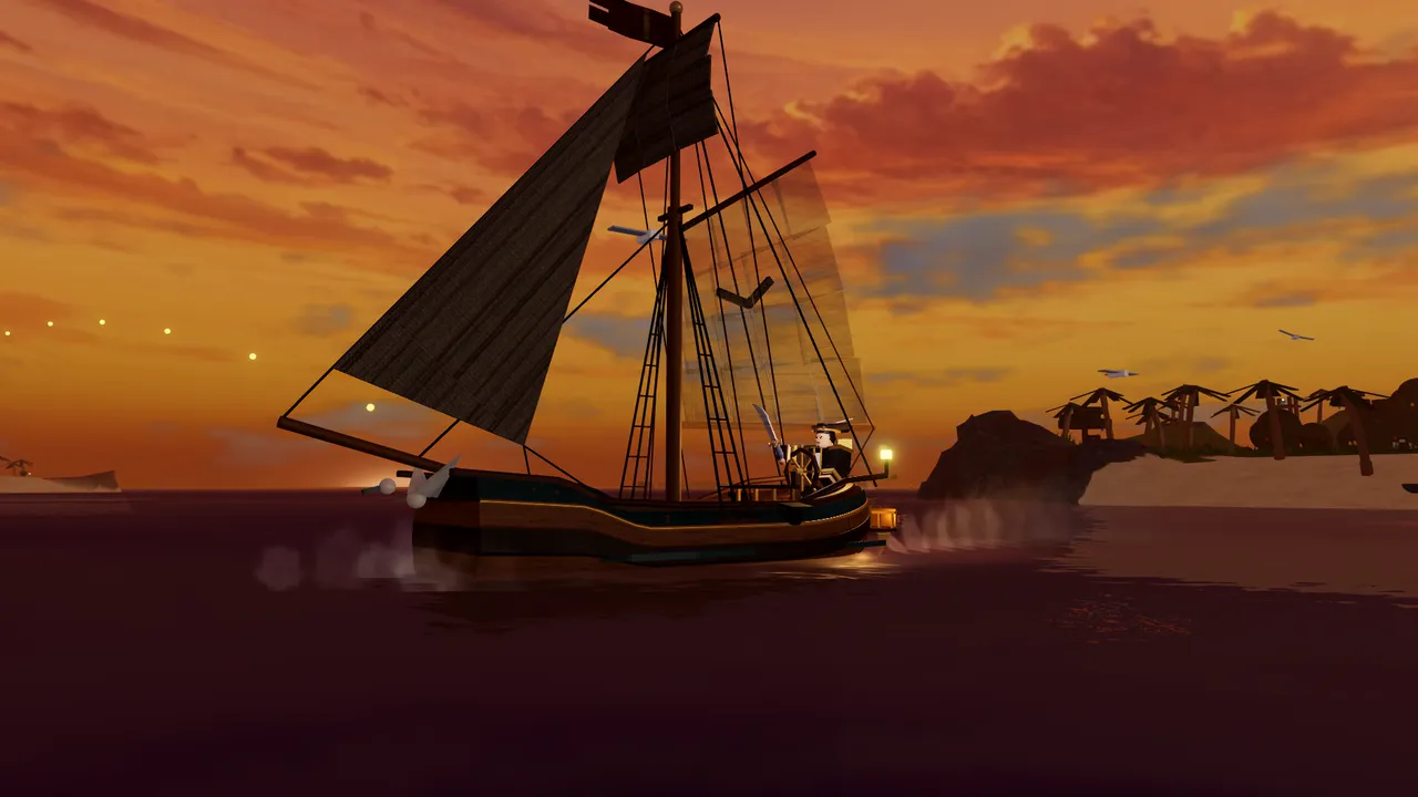 A sloop under sail past an island at sunset, an in-game capture