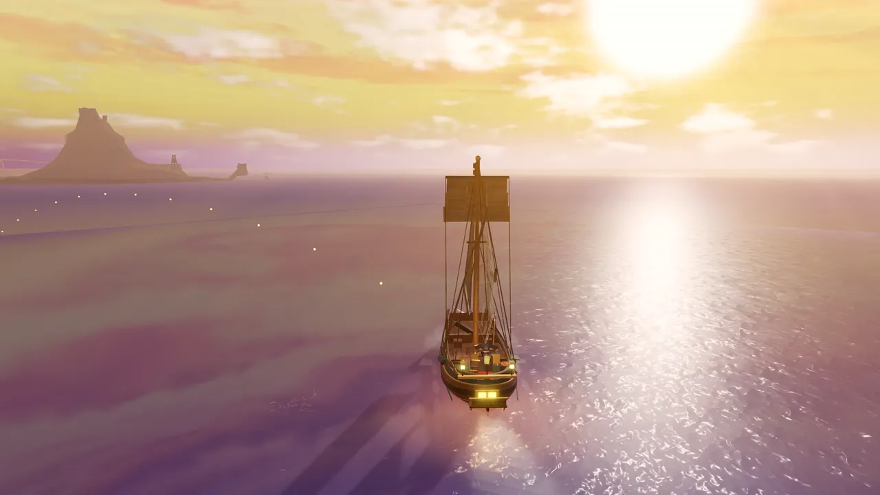 A ship sails toward the sun with an island on the horizon, an in-game capture