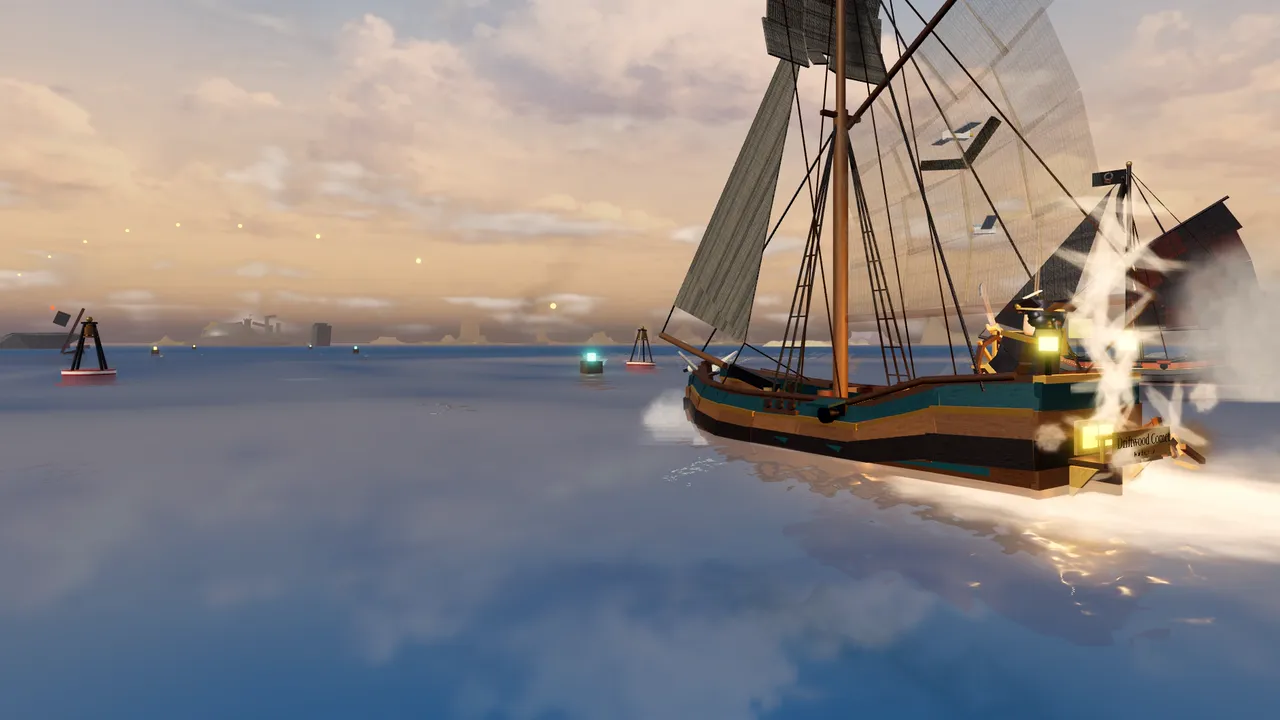 A ship fires a broadside on the open sea, an in-game capture