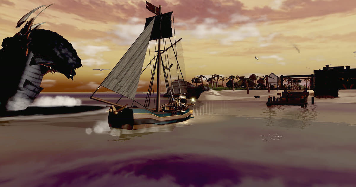 The Deepcrown rises beside a sloop off Anchorfall at dusk in Vicious Seas, an in-game capture